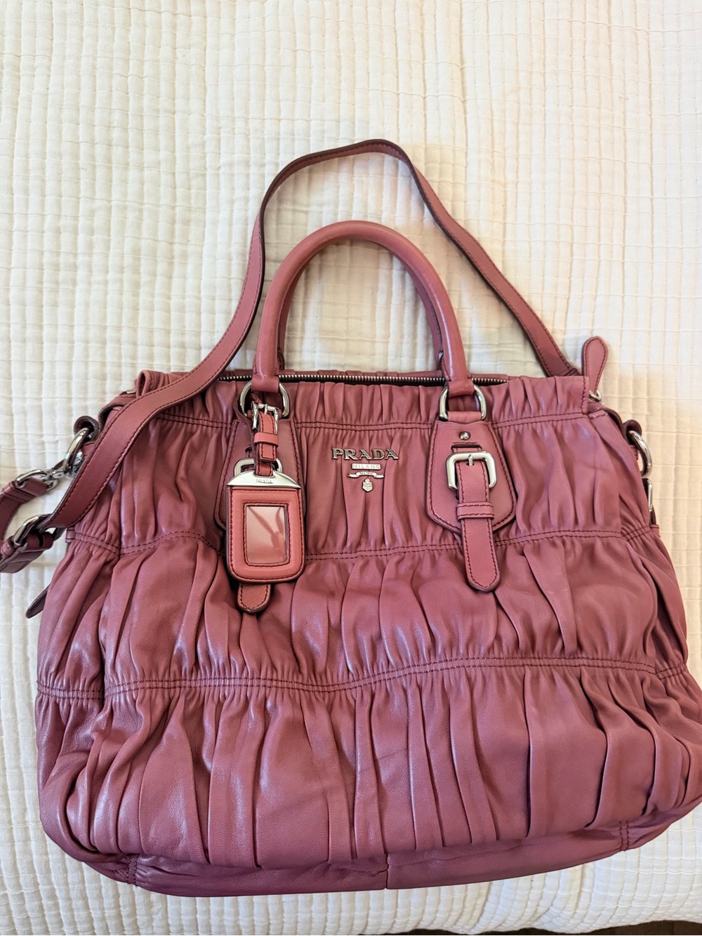 Authentic Prada BN1336 Nappa Gaufre Leather 2-Way Tote Bag – Antico Pink